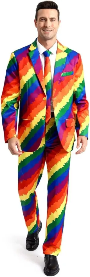 Men's 3-Piece Pride Rainbow Suits, Two Button Jacket & Pants & Tie