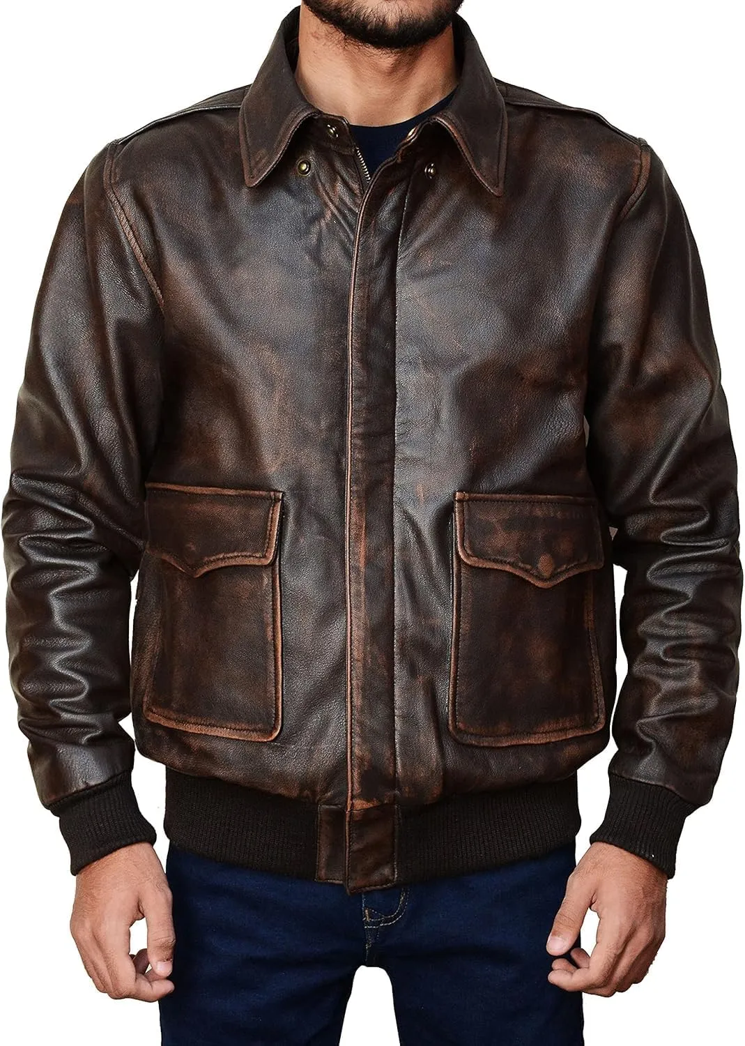 Mens A2 Leather Flight Jacket American Military Pilot Aviator Bomber Leather Coat