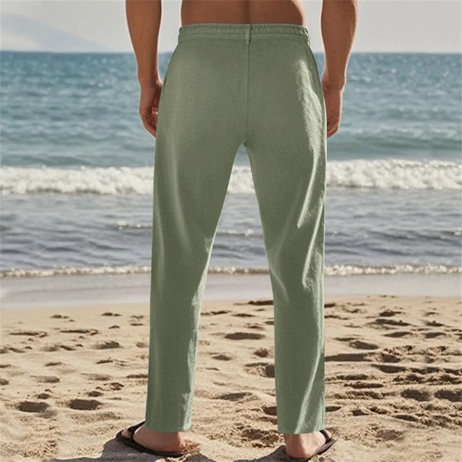 Mens Casual Pants Drawstring Elastic Waist Beach Pants Straight Leg Yoga Pants with Pockets Cropped Sweat Pant Slacks