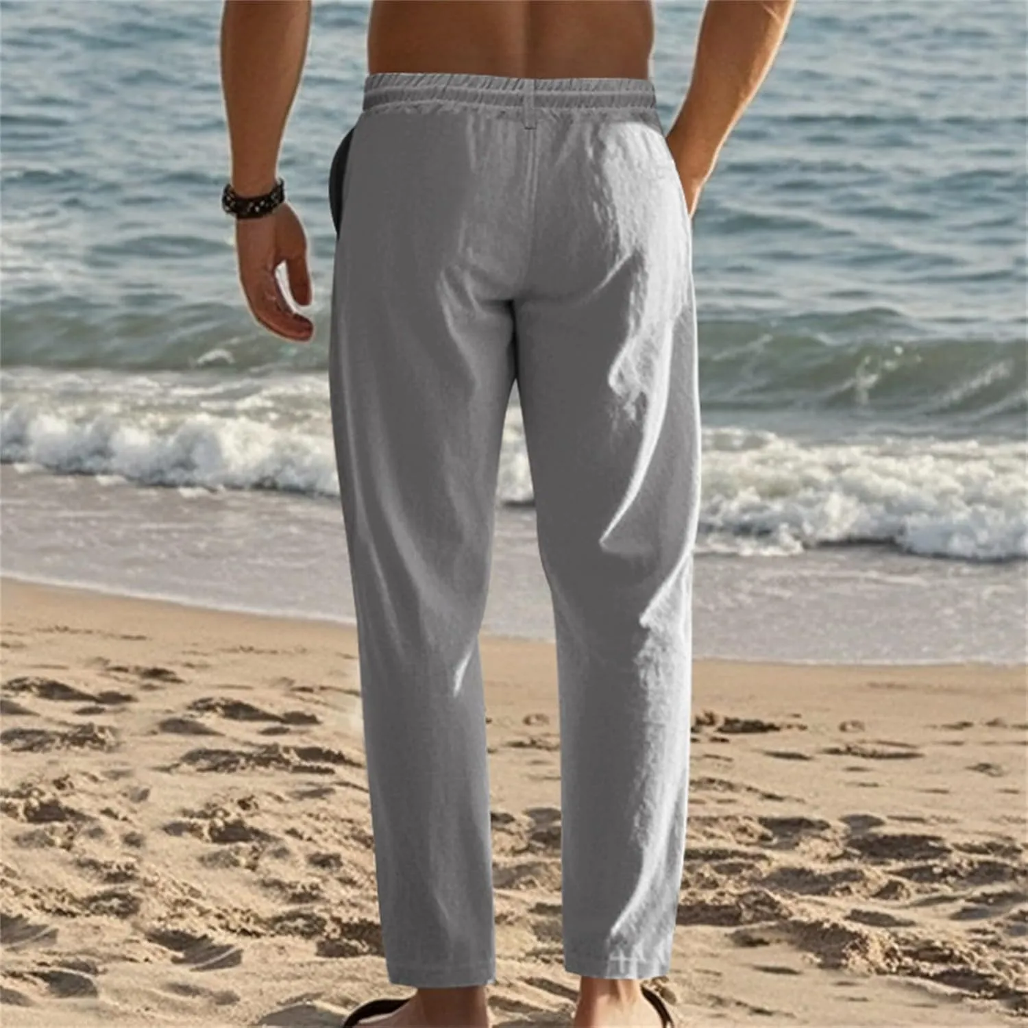 Mens Casual Pants Drawstring Elastic Waist Beach Pants Straight Leg Yoga Pants with Pockets Cropped Sweat Pant Slacks