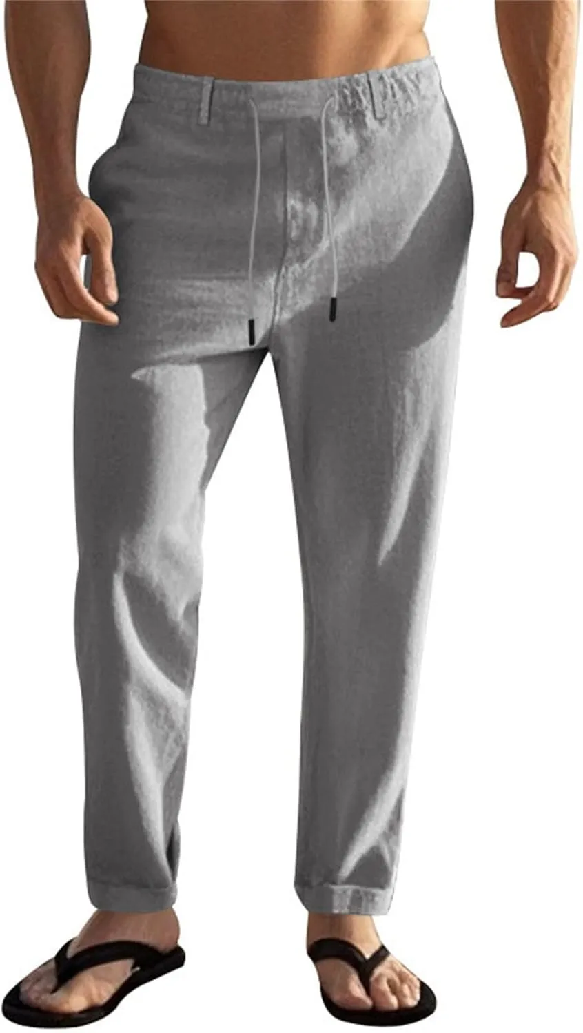 Mens Casual Pants Drawstring Elastic Waist Beach Pants Straight Leg Yoga Pants with Pockets Cropped Sweat Pant Slacks