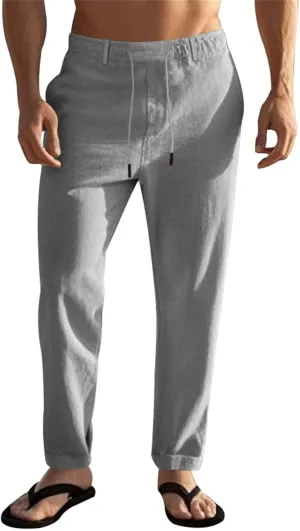 Mens Casual Pants Drawstring Elastic Waist Beach Pants Straight Leg Yoga Pants with Pockets Cropped Sweat Pant Slacks