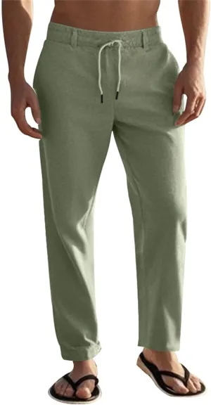 Mens Casual Pants Drawstring Elastic Waist Beach Pants Straight Leg Yoga Pants with Pockets Cropped Sweat Pant Slacks