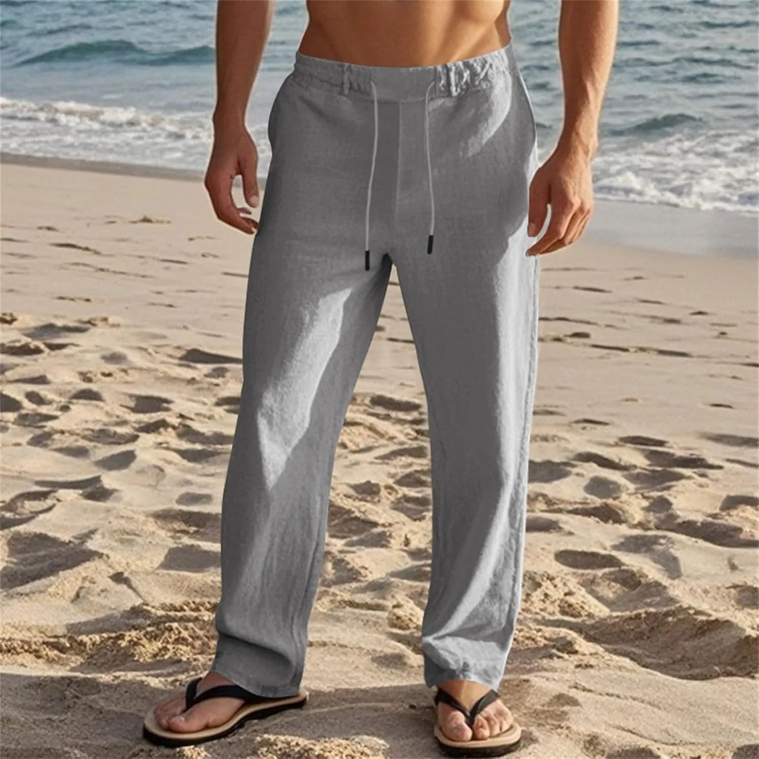 Mens Casual Pants Drawstring Elastic Waist Beach Pants Straight Leg Yoga Pants with Pockets Cropped Sweat Pant Slacks
