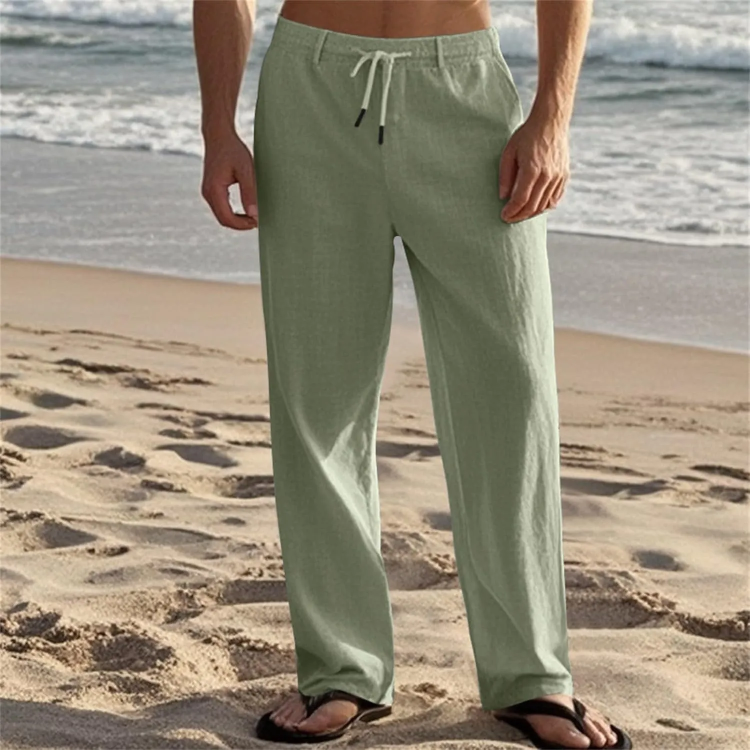 Mens Casual Pants Drawstring Elastic Waist Beach Pants Straight Leg Yoga Pants with Pockets Cropped Sweat Pant Slacks