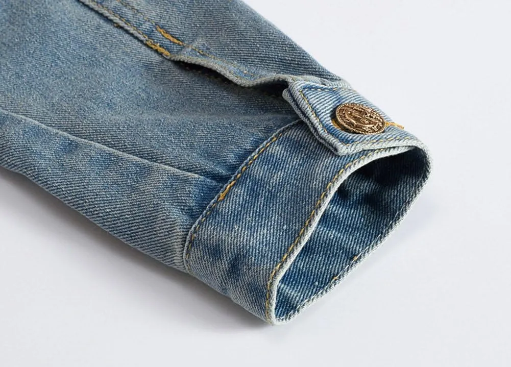 Mens Classic Ripped Motorcycle Denim Jacket With Hole