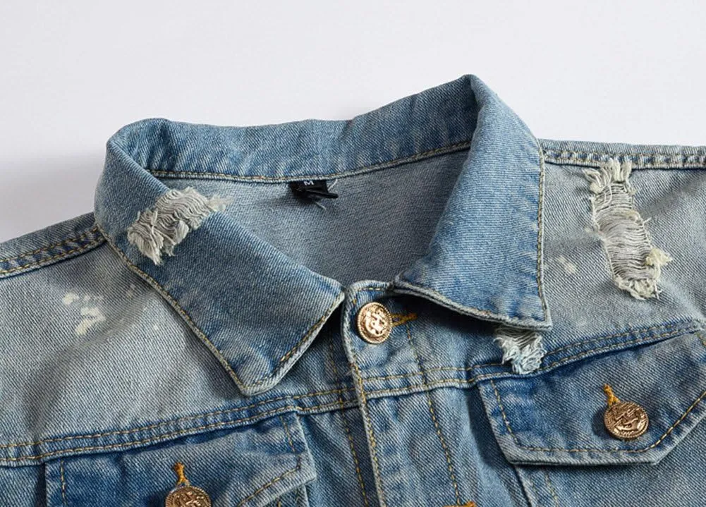 Mens Classic Ripped Motorcycle Denim Jacket With Hole