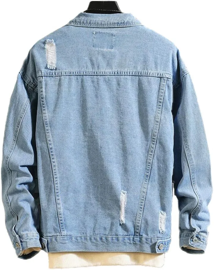 Mens Classic Ripped Motorcycle Denim Jacket With Hole