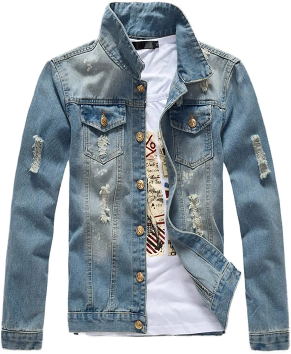 Mens Classic Ripped Motorcycle Denim Jacket With Hole