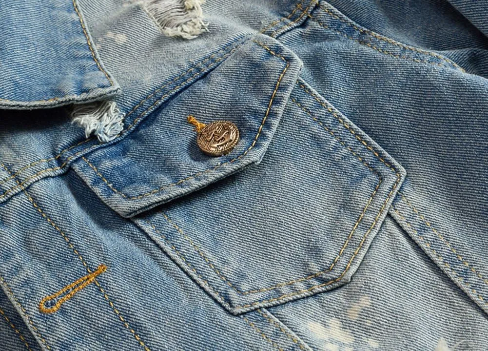 Mens Classic Ripped Motorcycle Denim Jacket With Hole