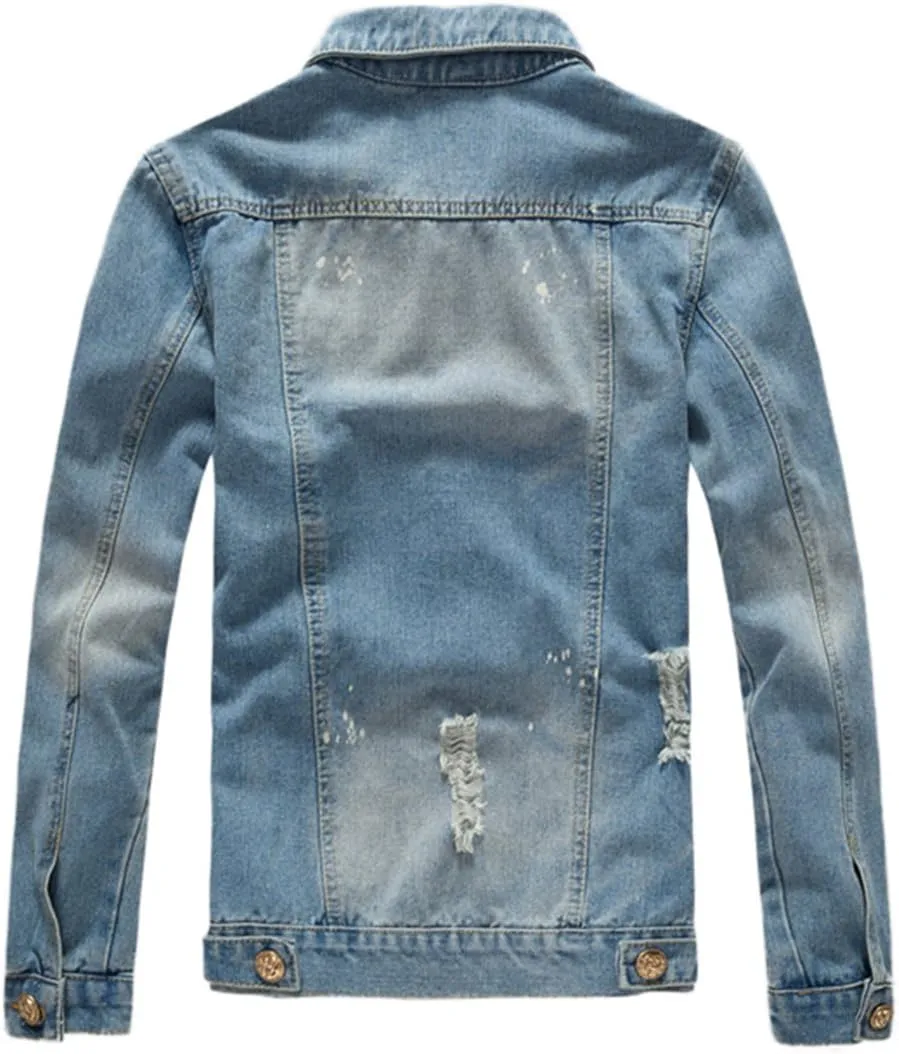 Mens Classic Ripped Motorcycle Denim Jacket With Hole
