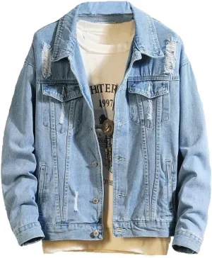 Mens Classic Ripped Motorcycle Denim Jacket With Hole