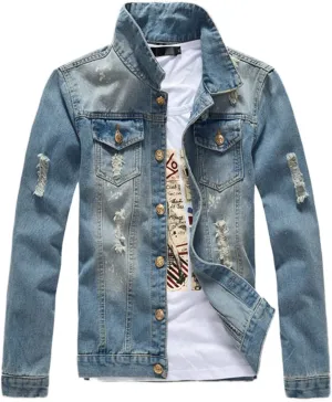 Mens Classic Ripped Motorcycle Denim Jacket With Hole