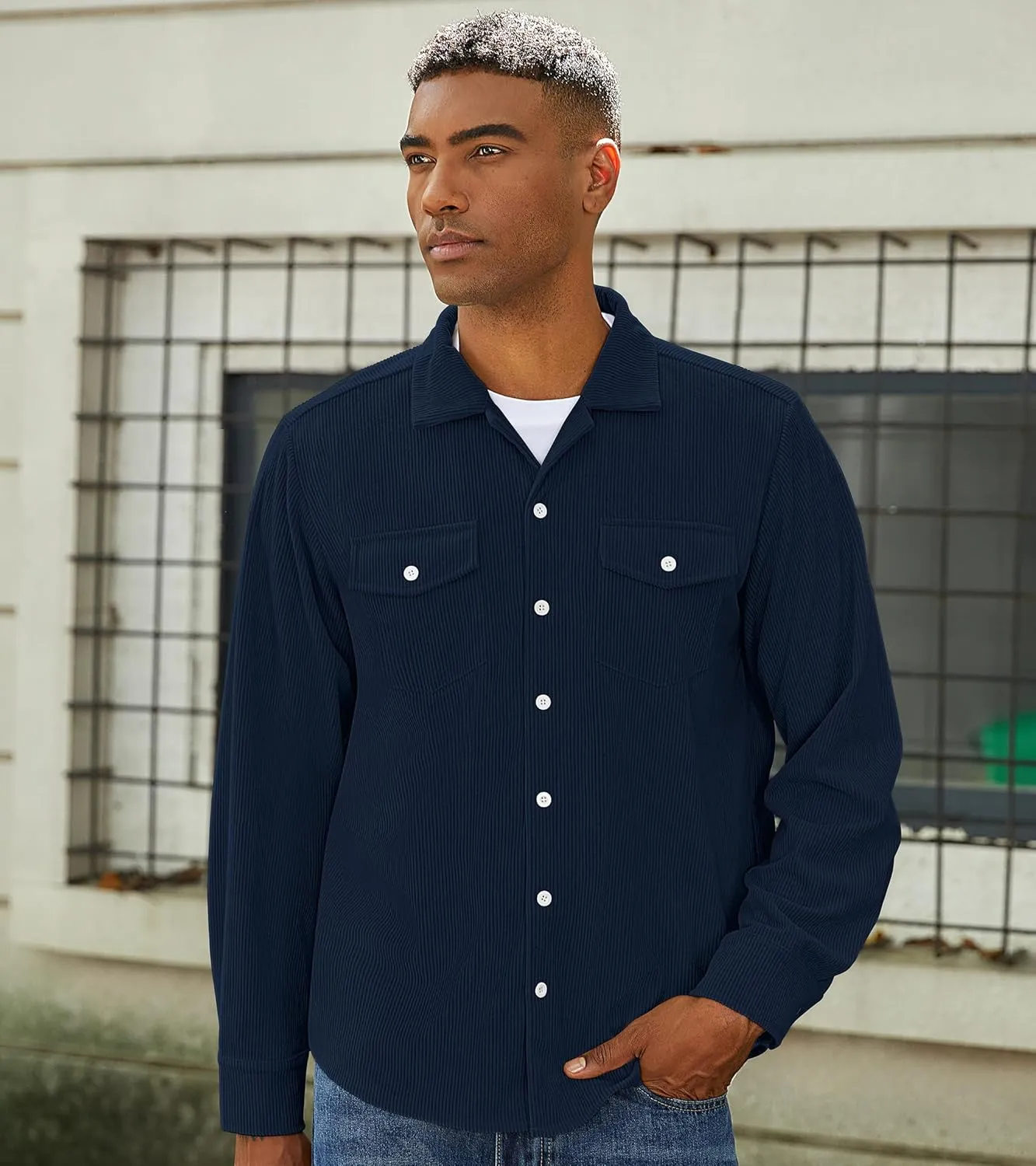 Mens Corduroy Jacket Shirts Long Sleeve Button Down Shacket Jacket with Flap Pockets