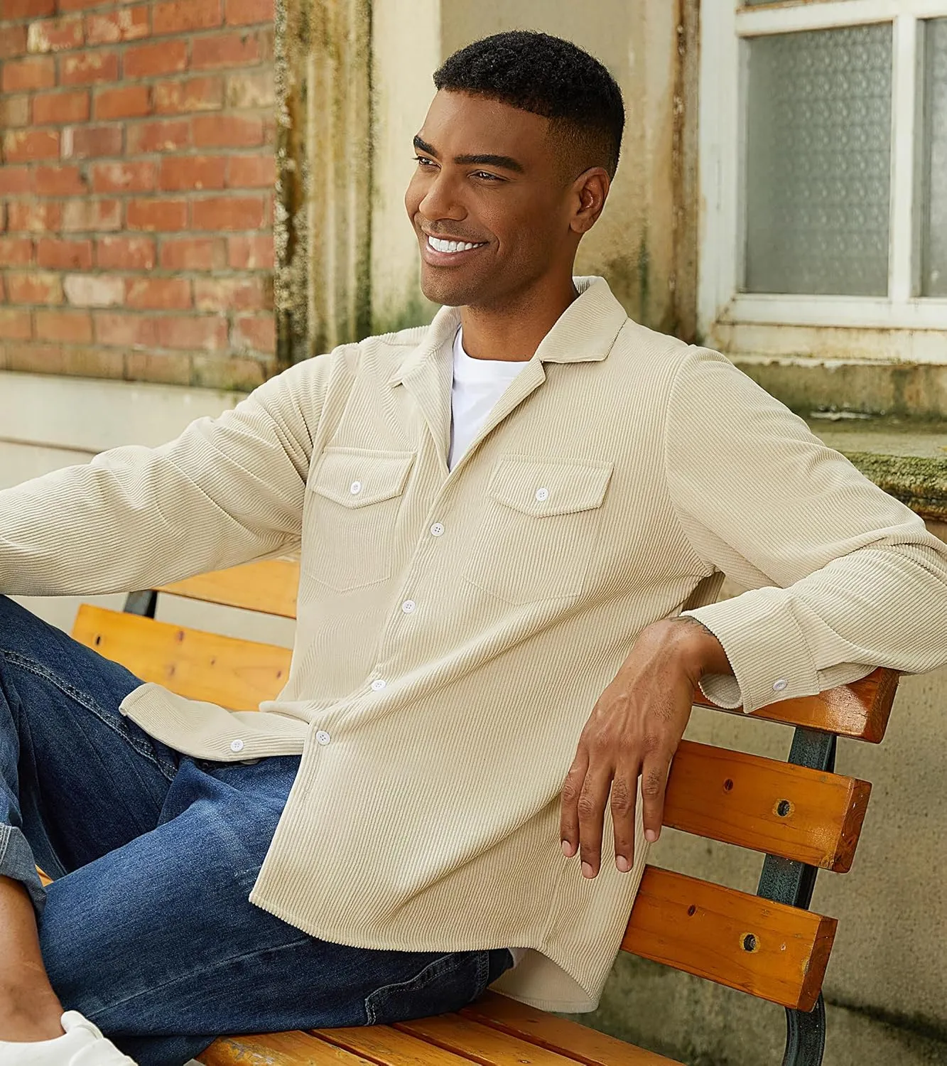 Mens Corduroy Jacket Shirts Long Sleeve Button Down Shacket Jacket with Flap Pockets