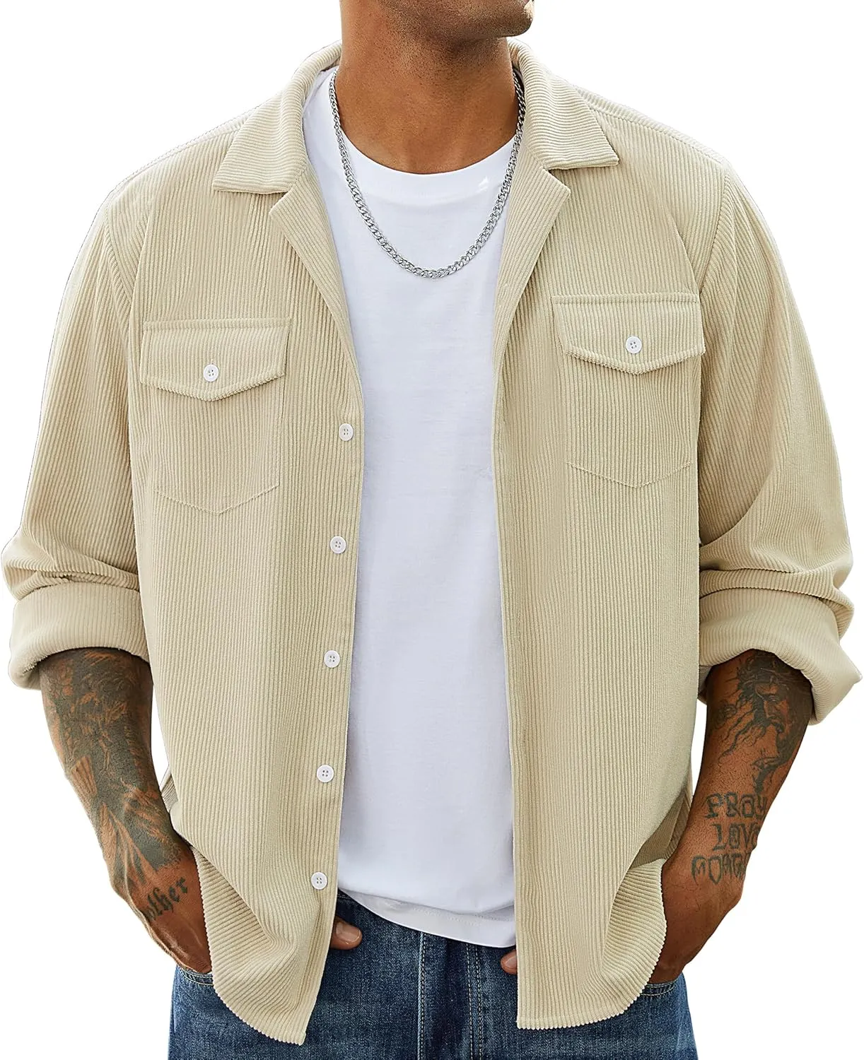 Mens Corduroy Jacket Shirts Long Sleeve Button Down Shacket Jacket with Flap Pockets