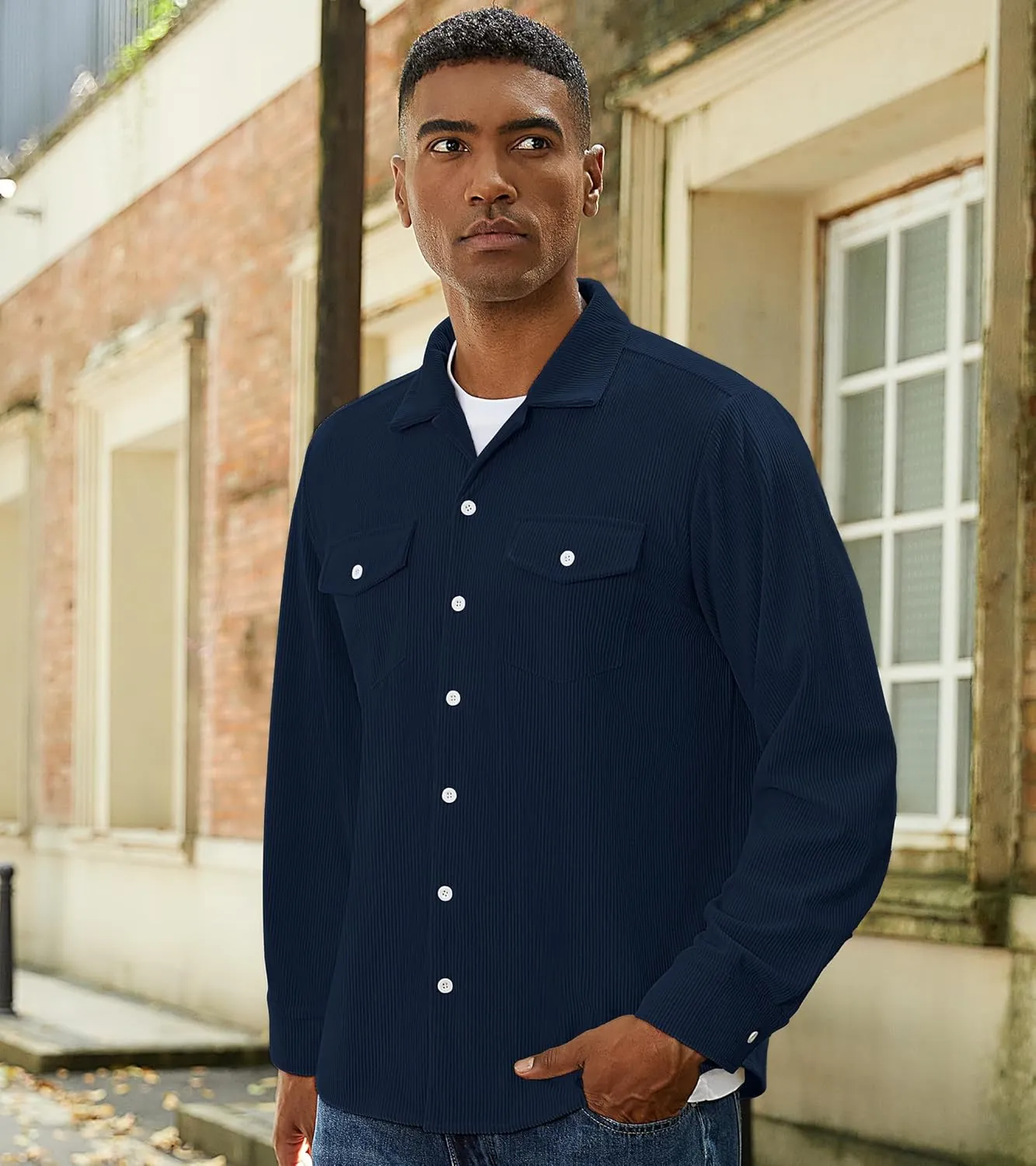 Mens Corduroy Jacket Shirts Long Sleeve Button Down Shacket Jacket with Flap Pockets