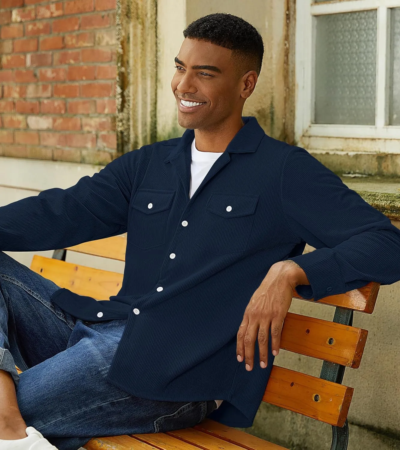 Mens Corduroy Jacket Shirts Long Sleeve Button Down Shacket Jacket with Flap Pockets