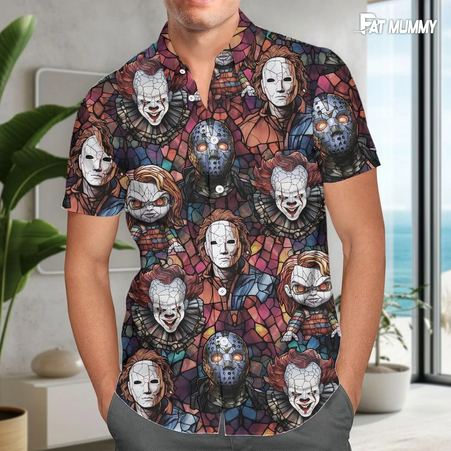 Mens Halloween Hawaiian Shirt, Horror Friends Shirts for Men Women Short Sleeve