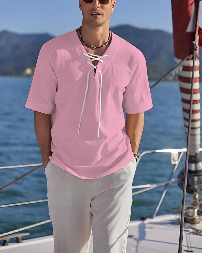 Men's Henley Shirts V-Neck Lace-Up Medieval Beach Resorts Retro Shirt