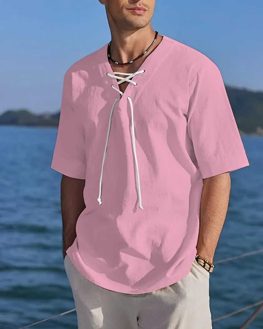 Men's Henley Shirts V-Neck Lace-Up Medieval Beach Resorts Retro Shirt