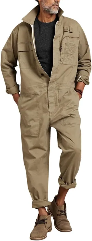 Men's Long Sleeve Coverall WWll-Inspired Relaxed Fit Flight Jumpsuit with Adjustable Waist Tabs