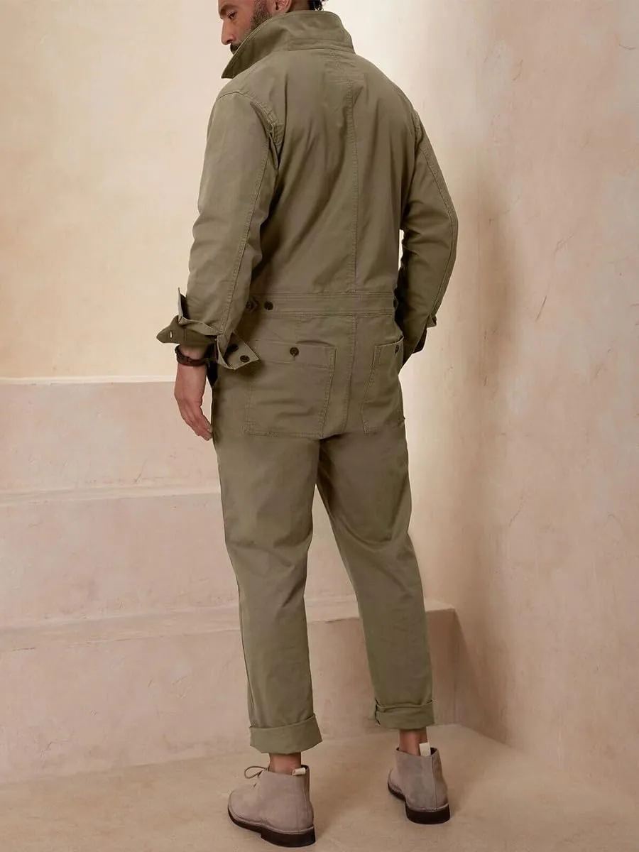 Men's Long Sleeve Coverall WWll-Inspired Relaxed Fit Flight Jumpsuit with Adjustable Waist Tabs
