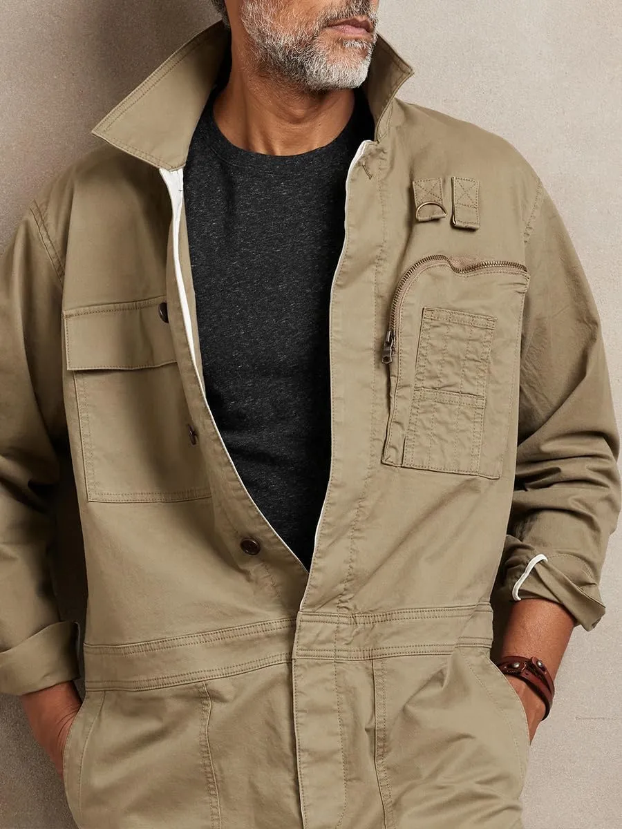 Men's Long Sleeve Coverall WWll-Inspired Relaxed Fit Flight Jumpsuit with Adjustable Waist Tabs