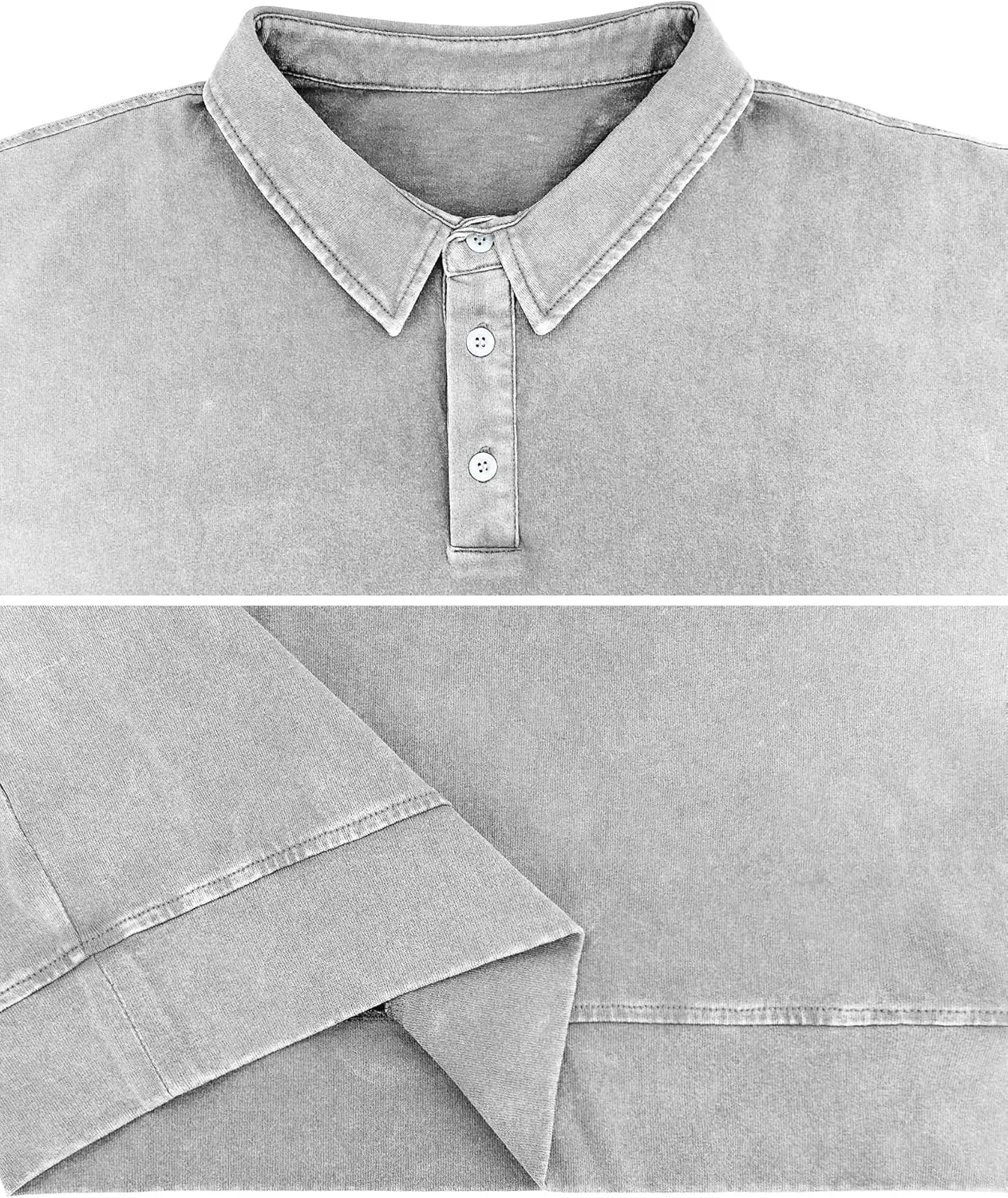 Men's Long Sleeve Polo Shirts Washed Distressed Cotton Polos T-Shirt Lightweight Casual Button Collared Shirt