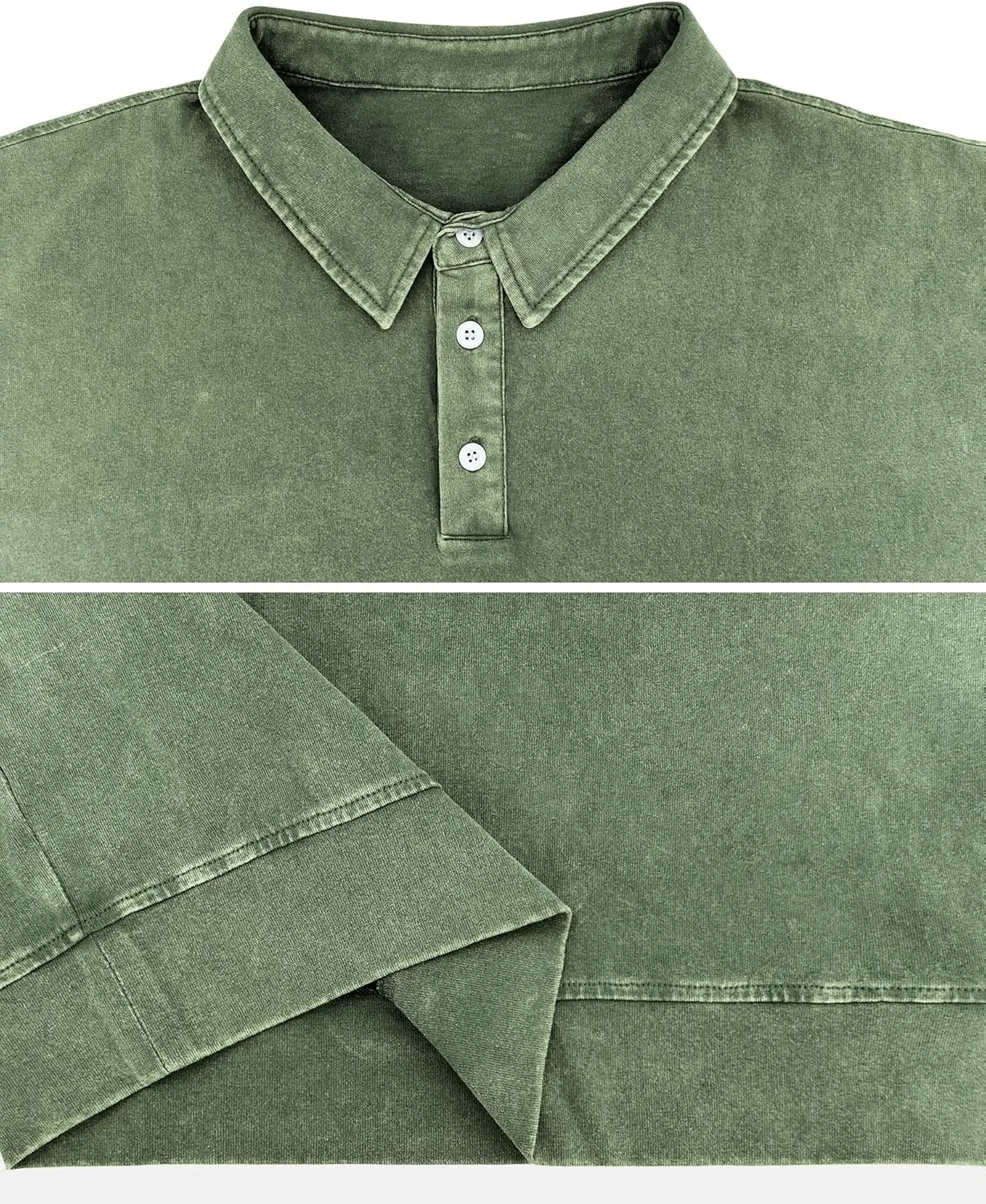 Men's Long Sleeve Polo Shirts Washed Distressed Cotton Polos T-Shirt Lightweight Casual Button Collared Shirt