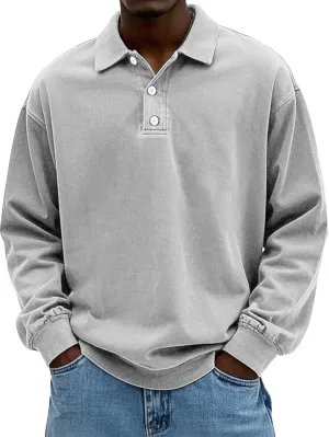 Men's Long Sleeve Polo Shirts Washed Distressed Cotton Polos T-Shirt Lightweight Casual Button Collared Shirt