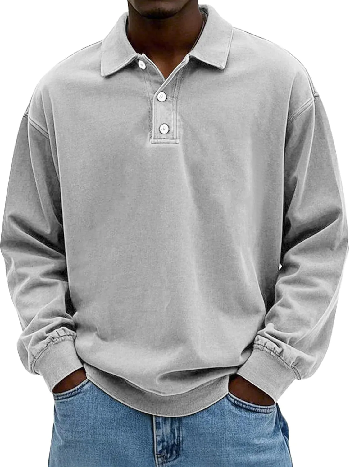 Men's Long Sleeve Polo Shirts Washed Distressed Cotton Polos T-Shirt Lightweight Casual Button Collared Shirt