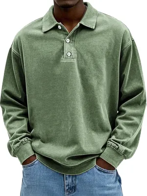 Men's Long Sleeve Polo Shirts Washed Distressed Cotton Polos T-Shirt Lightweight Casual Button Collared Shirt