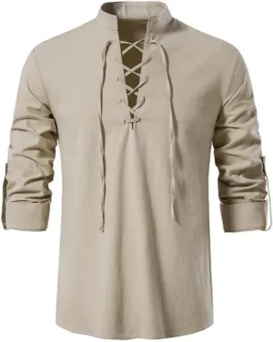 Men's Long Sleeve Shirts Retro Style Lace up for Medieval,Viking,Hippie Halloween Cosplay Pirate Renaissance Costume