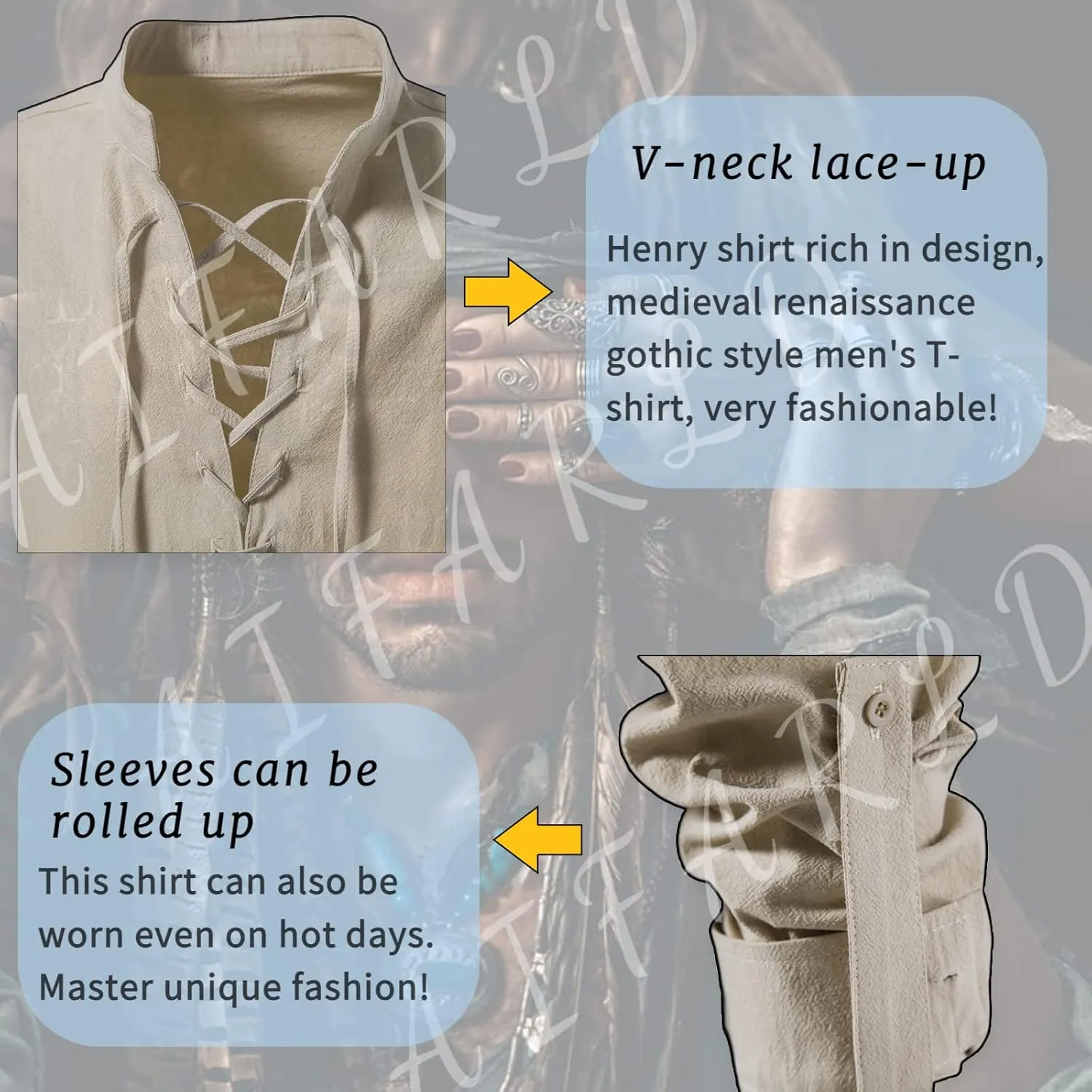 Men's Long Sleeve Shirts Retro Style Lace up for Medieval,Viking,Hippie Halloween Cosplay Pirate Renaissance Costume