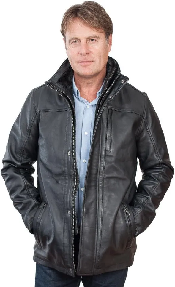 Men's Mid Length Classic Warm Black Leather Jacket