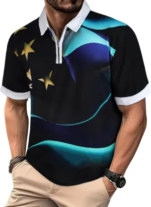 Mens Polo Shirts Short Sleeve Zipper T Shirt Casual Slim Fit Golf Tops