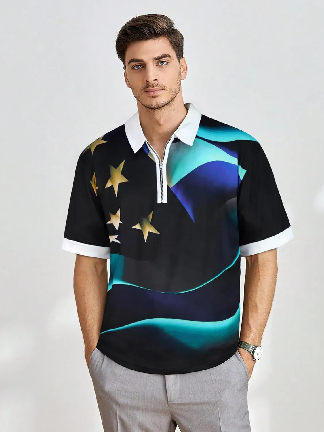 Mens Polo Shirts Short Sleeve Zipper T Shirt Casual Slim Fit Golf Tops