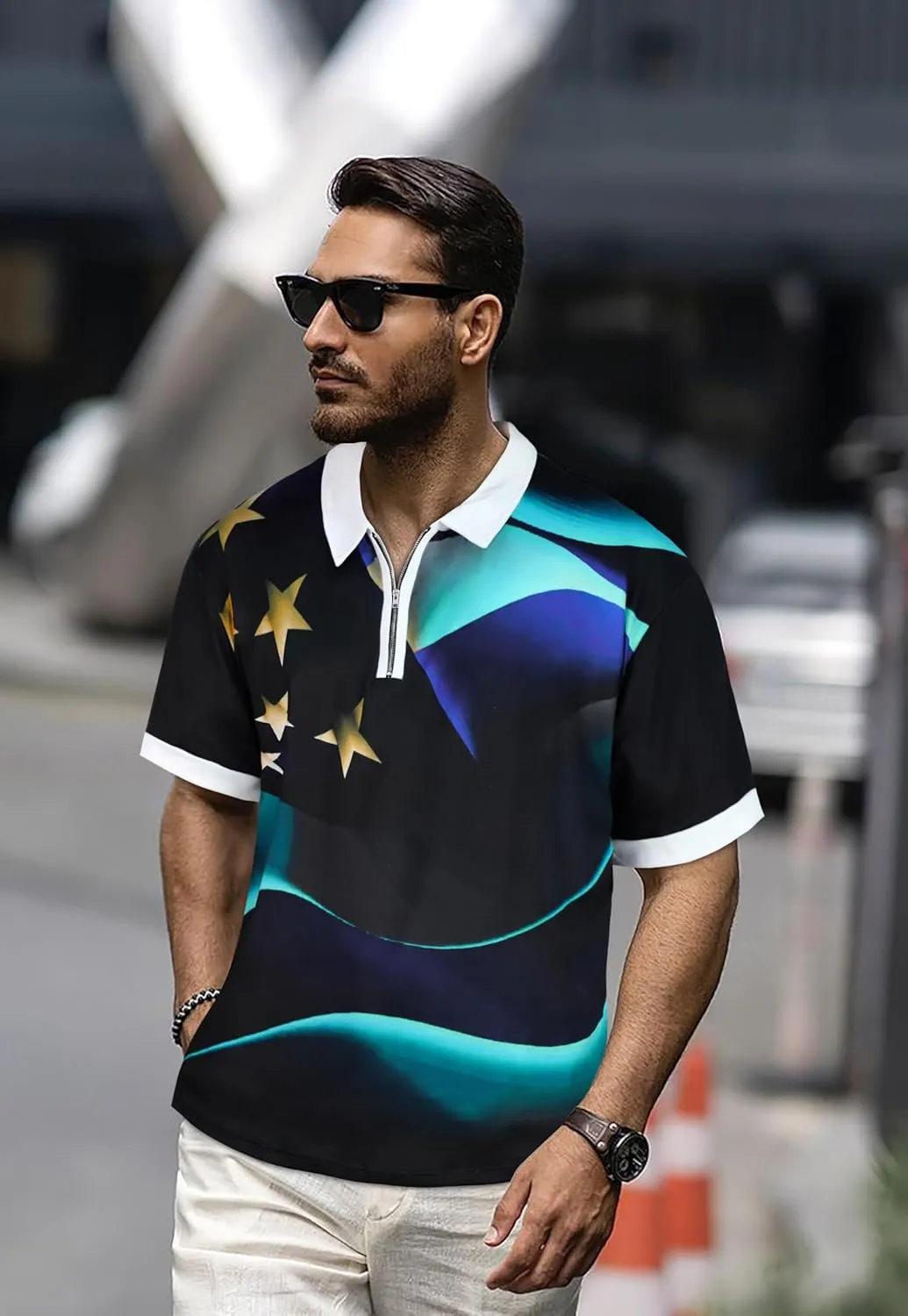 Mens Polo Shirts Short Sleeve Zipper T Shirt Casual Slim Fit Golf Tops