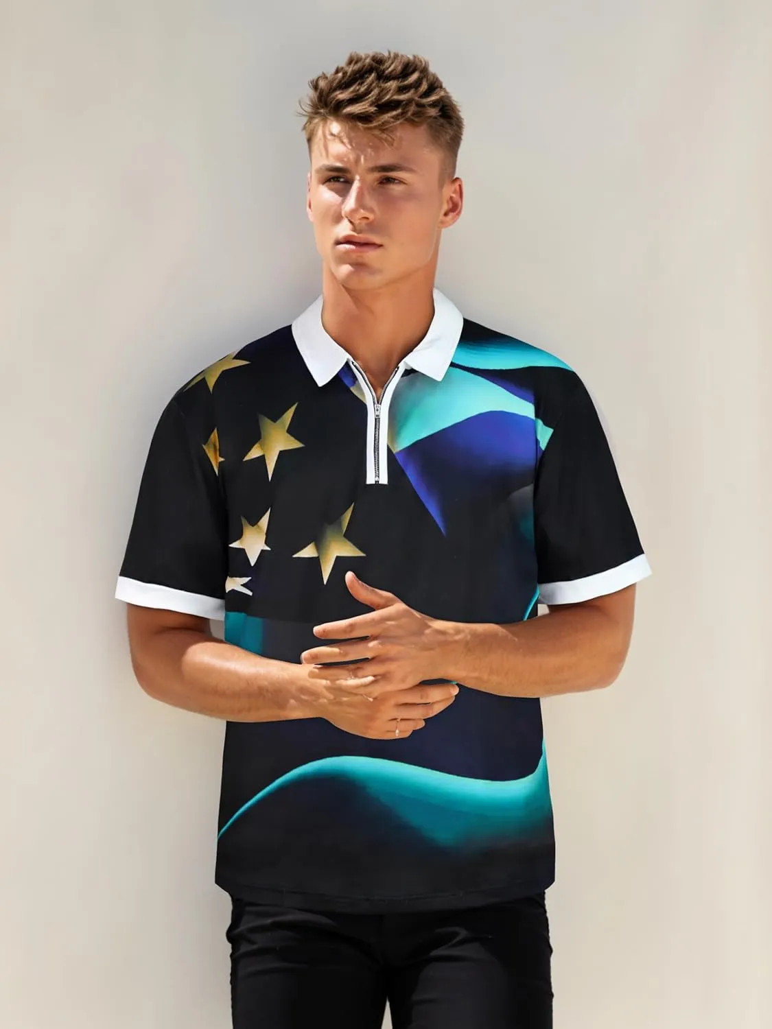 Mens Polo Shirts Short Sleeve Zipper T Shirt Casual Slim Fit Golf Tops