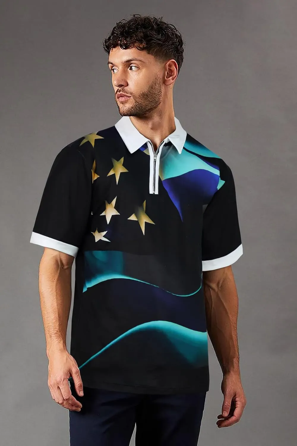 Mens Polo Shirts Short Sleeve Zipper T Shirt Casual Slim Fit Golf Tops