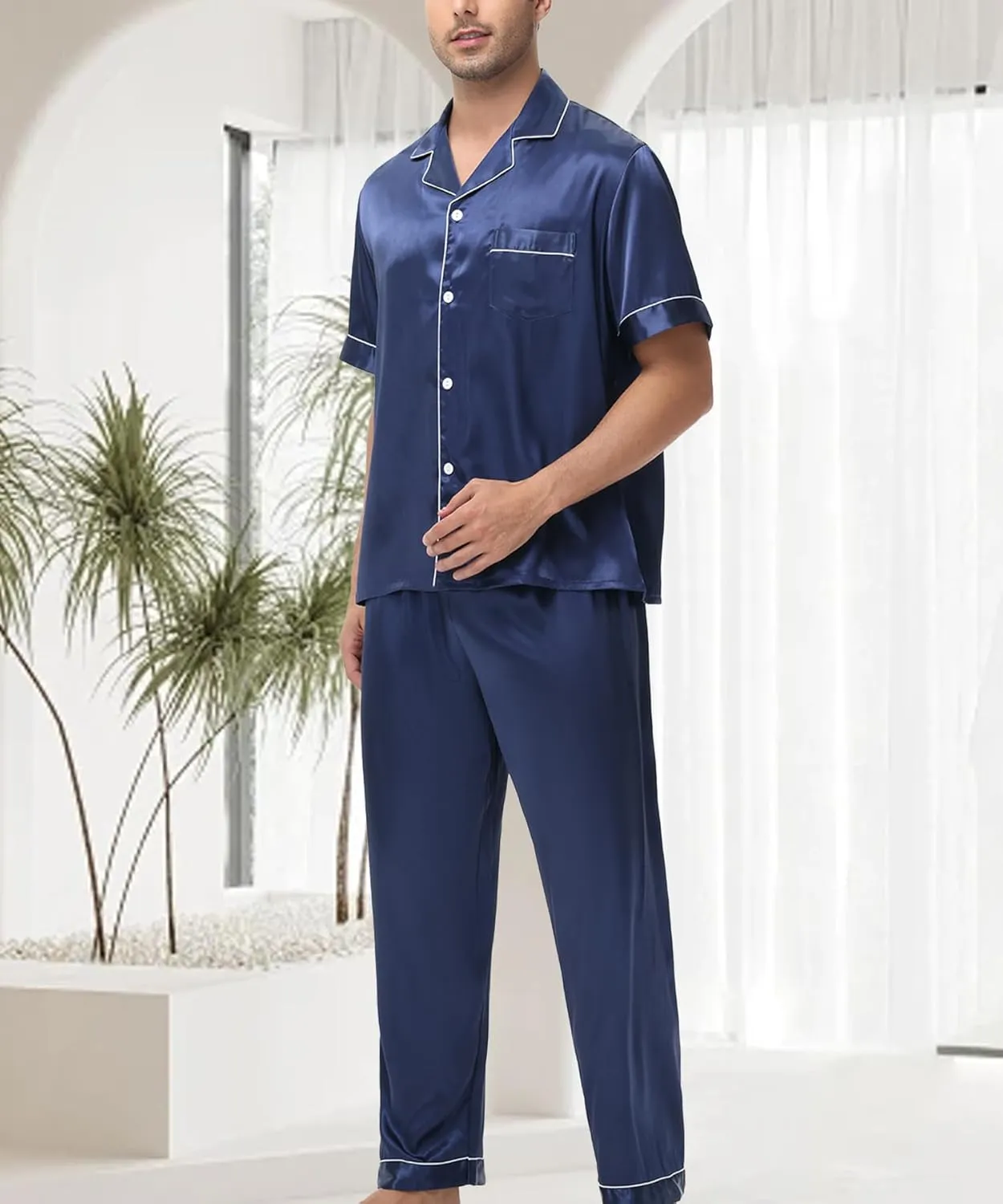 Mens Satin Silky Pajama Sets Short Sleeve Button Down Sleepwear Long Pants Loungewear with Pockets