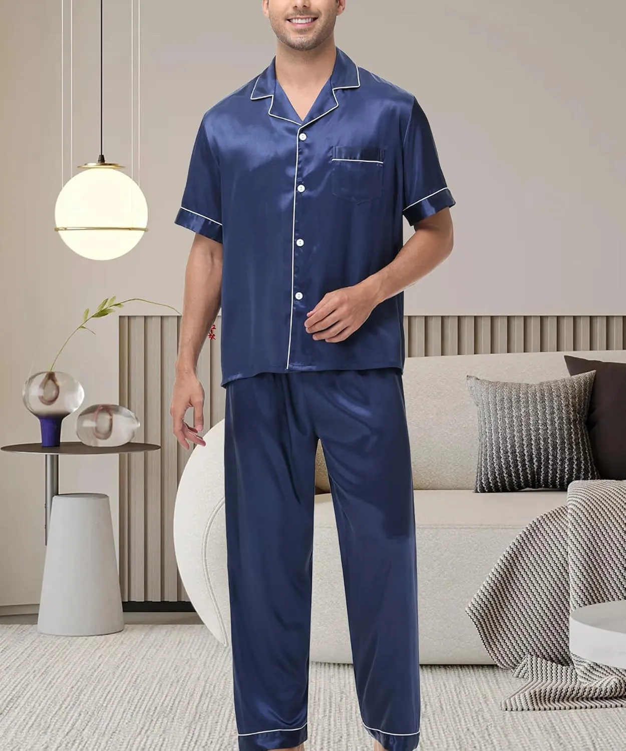 Mens Satin Silky Pajama Sets Short Sleeve Button Down Sleepwear Long Pants Loungewear with Pockets