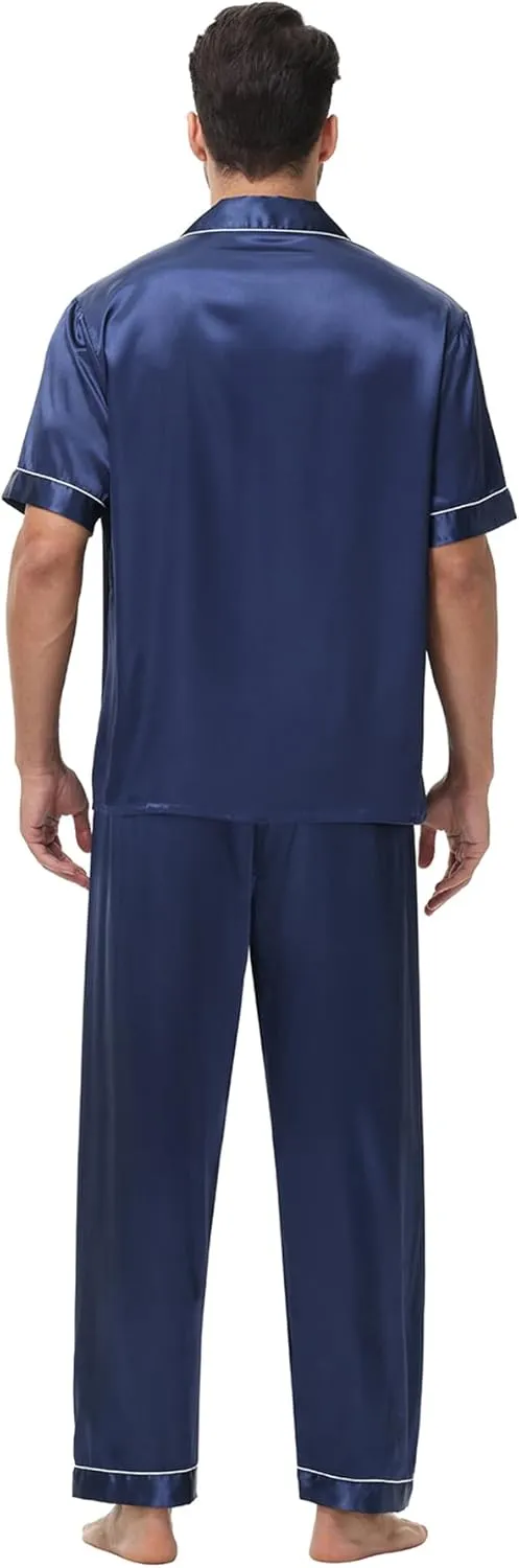 Mens Satin Silky Pajama Sets Short Sleeve Button Down Sleepwear Long Pants Loungewear with Pockets
