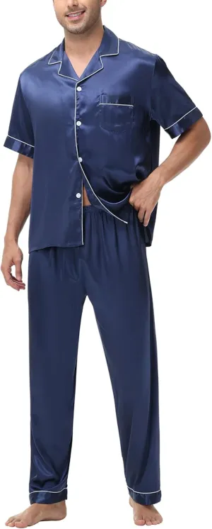 Mens Satin Silky Pajama Sets Short Sleeve Button Down Sleepwear Long Pants Loungewear with Pockets