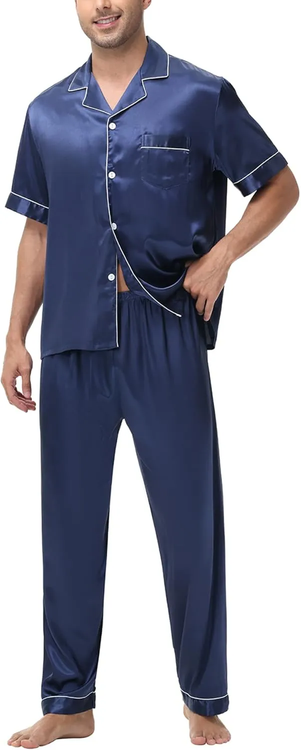 Mens Satin Silky Pajama Sets Short Sleeve Button Down Sleepwear Long Pants Loungewear with Pockets