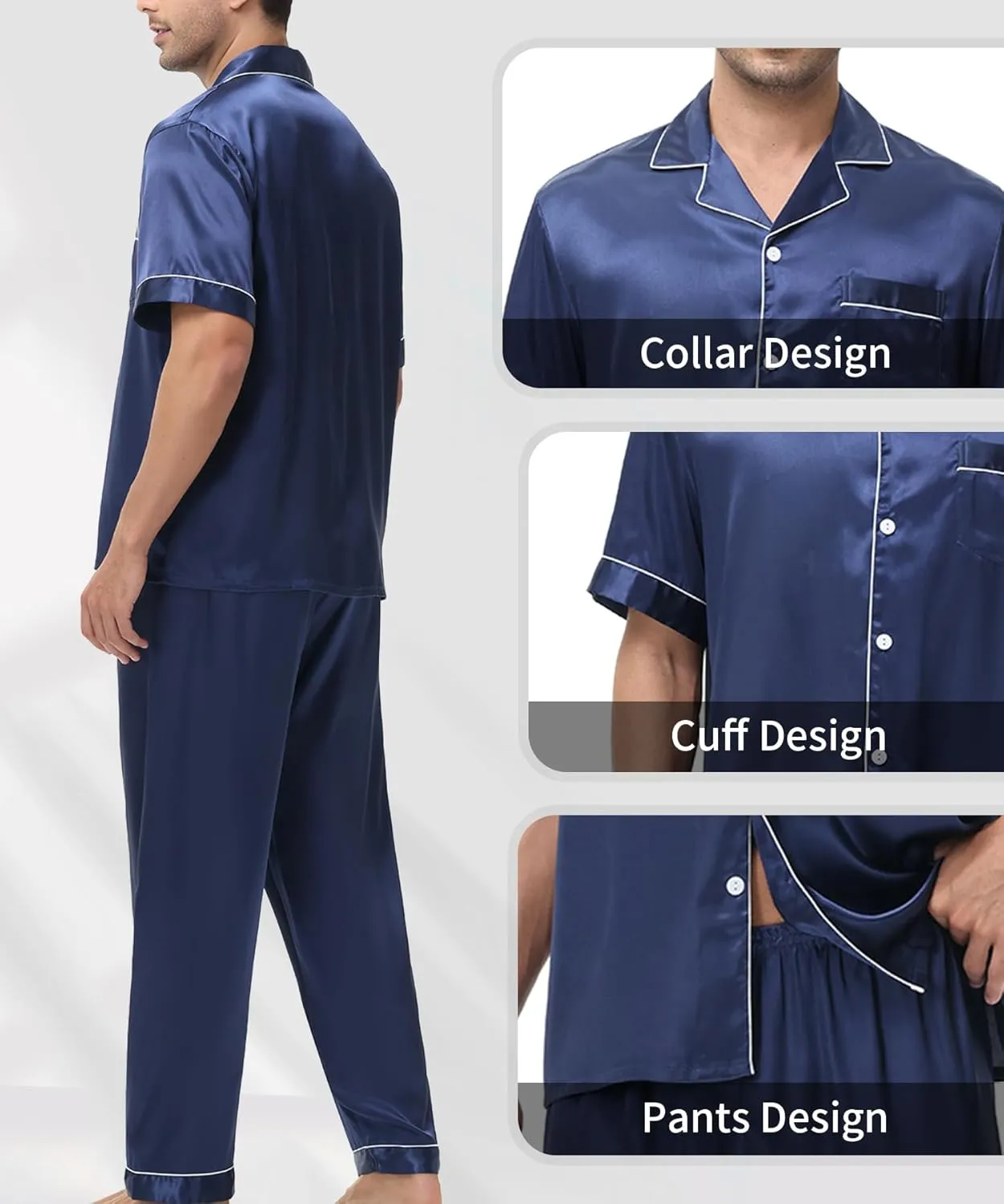 Mens Satin Silky Pajama Sets Short Sleeve Button Down Sleepwear Long Pants Loungewear with Pockets
