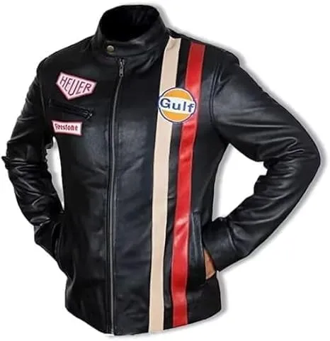 Mens Steve McQueen Jacket Le Mans Multi Colors Gulf Stripes Racing Biker Leather Jacket