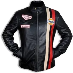 Mens Steve McQueen Jacket Le Mans Multi Colors Gulf Stripes Racing Biker Leather Jacket