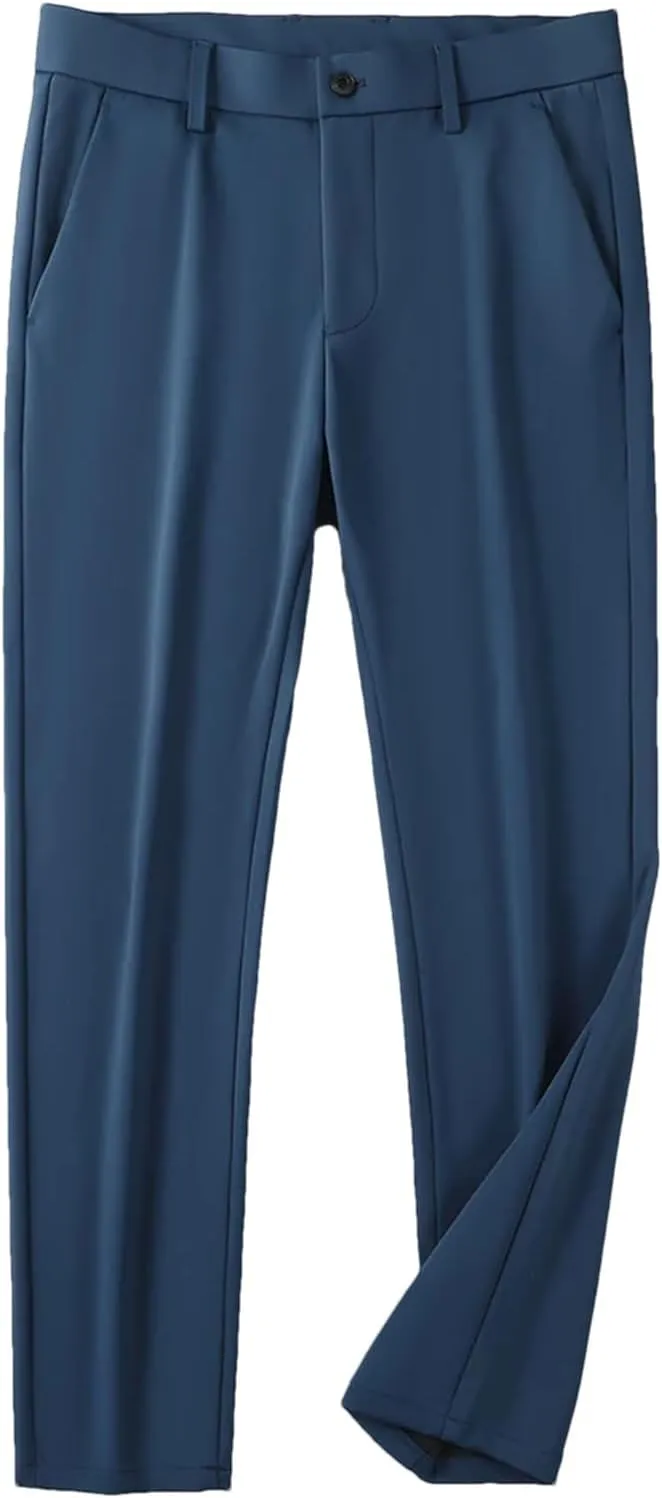 Men's Stretched Nylon Slim Fit Chinos Pants Business Casual Work Straight Long Suit Trousers